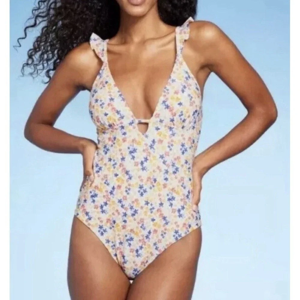 Shade & Shore Ruffle Plunge One Piece Swimsuit Ditsy Floral Cottage Womens M‎